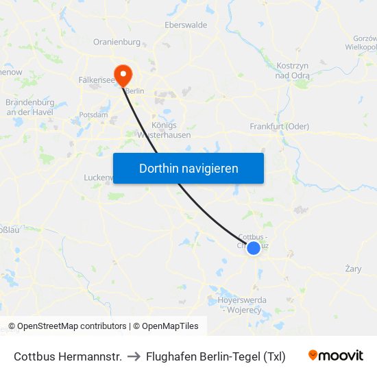 Cottbus Hermannstr. to Flughafen Berlin-Tegel (Txl) map