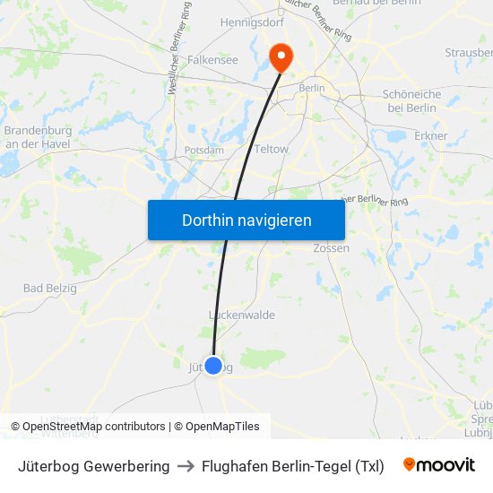 Jüterbog Gewerbering to Flughafen Berlin-Tegel (Txl) map