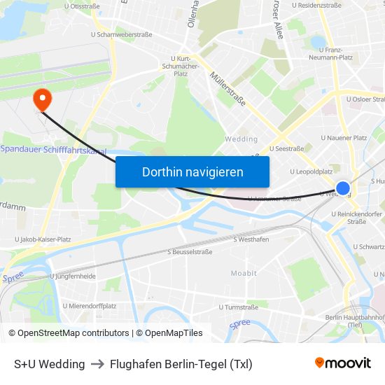 S+U Wedding to Flughafen Berlin-Tegel (Txl) map