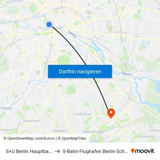 S+U Berlin Hauptbahnhof to S-Bahn-Flughafen Berlin-Schönefeld map