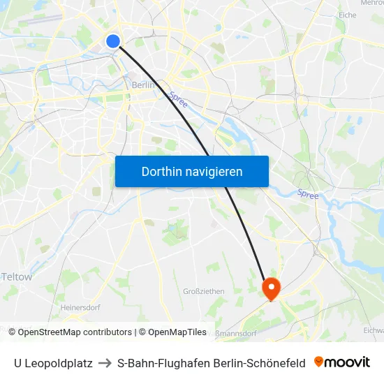 U Leopoldplatz to S-Bahn-Flughafen Berlin-Schönefeld map
