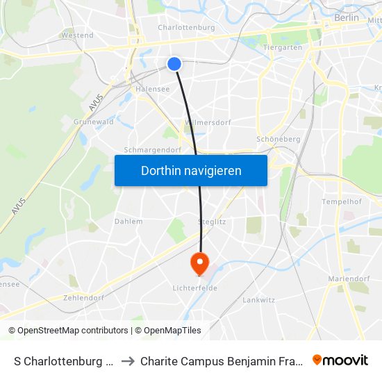 S Charlottenburg Bhf to Charite Campus Benjamin Franklin map