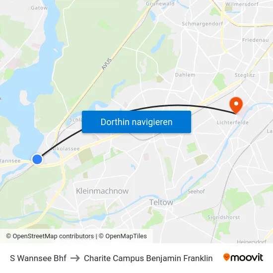 S Wannsee Bhf to Charite Campus Benjamin Franklin map