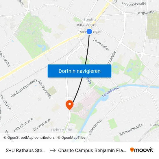 S+U Rathaus Steglitz to Charite Campus Benjamin Franklin map