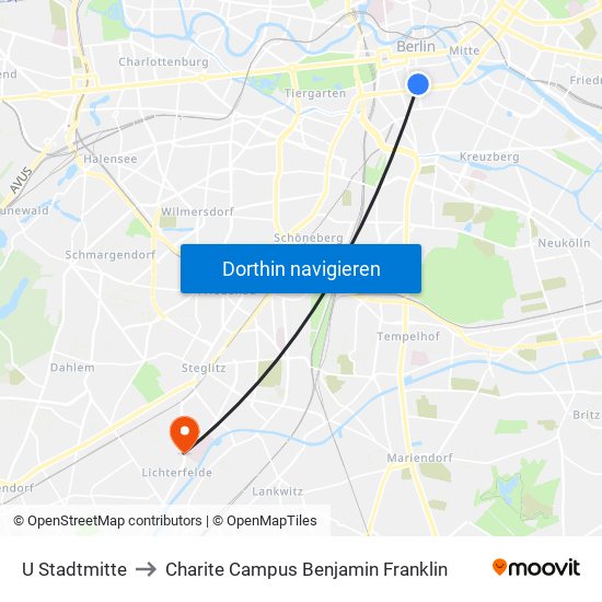 U Stadtmitte to Charite Campus Benjamin Franklin map