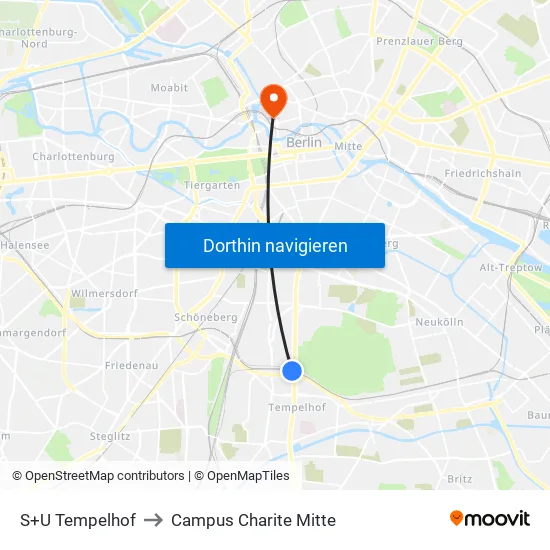 S+U Tempelhof to Campus Charite Mitte map