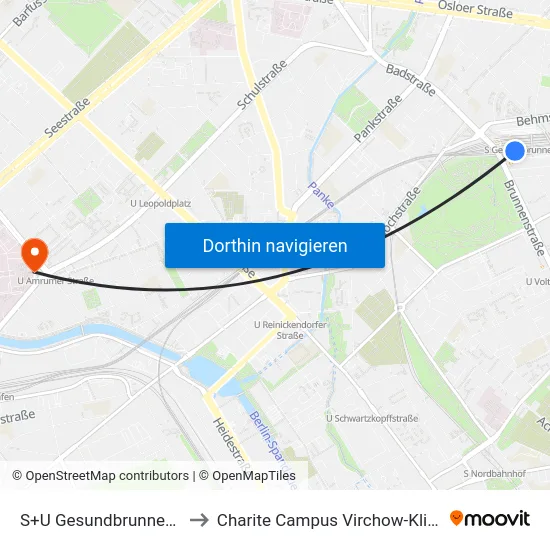 S+U Gesundbrunnen Bhf to Charite Campus Virchow-Klinikum map