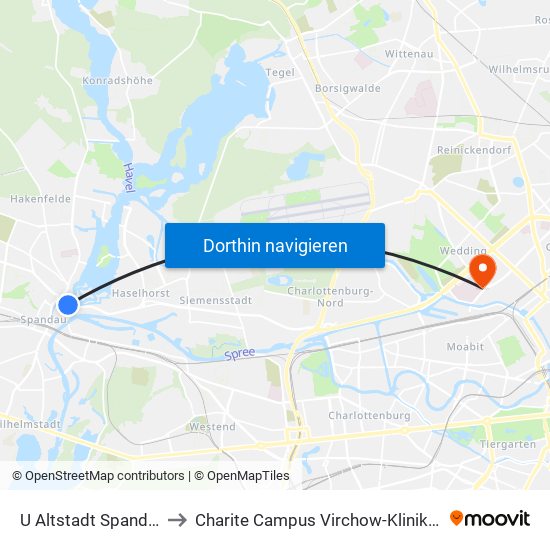 U Altstadt Spandau to Charite Campus Virchow-Klinikum map