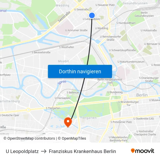 U Leopoldplatz to Franziskus Krankenhaus Berlin map