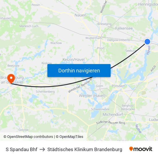 S Spandau Bhf to Städtisches Klinikum Brandenburg map