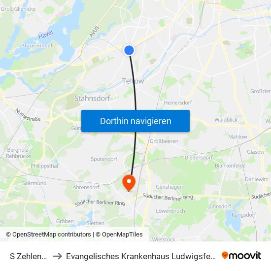 S Zehlendorf to Evangelisches Krankenhaus Ludwigsfelde-Teltow map