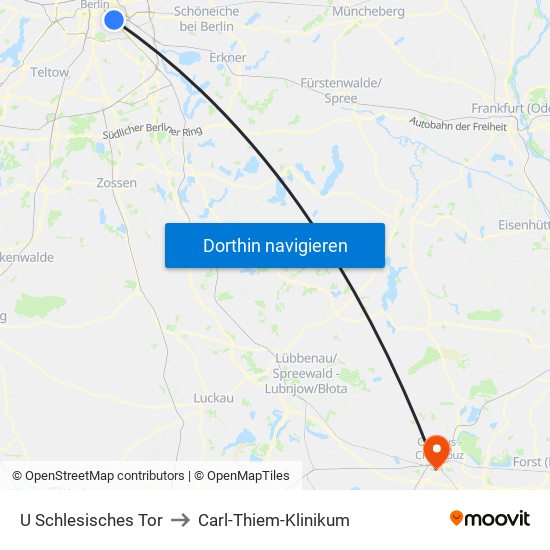 U Schlesisches Tor to Carl-Thiem-Klinikum map