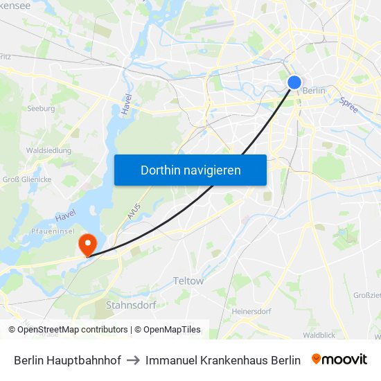 Berlin Hauptbahnhof to Immanuel Krankenhaus Berlin map