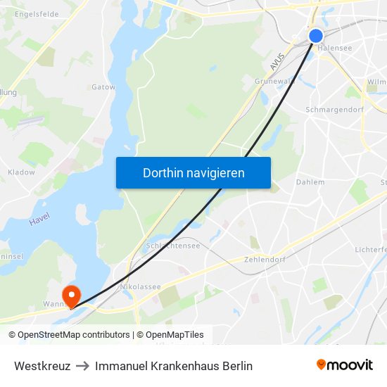 Westkreuz to Immanuel Krankenhaus Berlin map