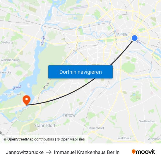 Jannowitzbrücke to Immanuel Krankenhaus Berlin map