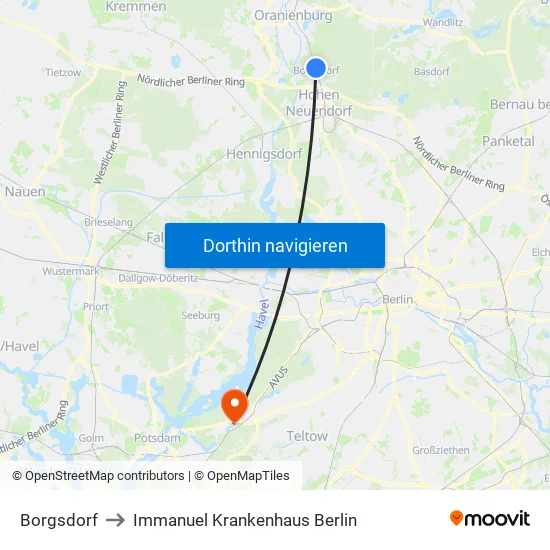 Borgsdorf to Immanuel Krankenhaus Berlin map