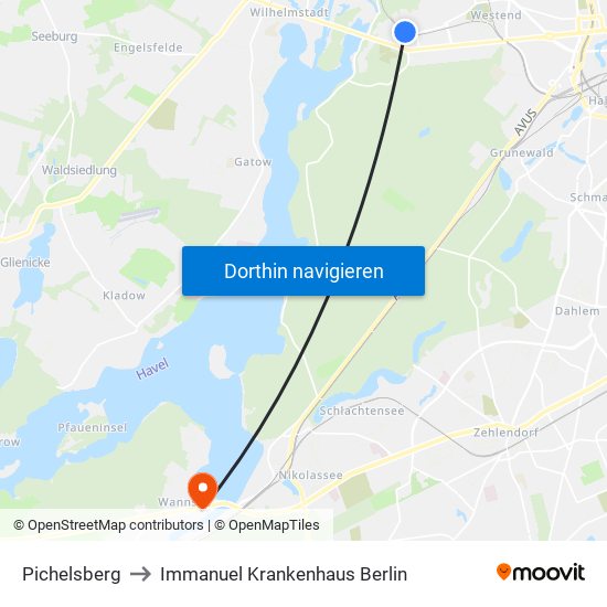 Pichelsberg to Immanuel Krankenhaus Berlin map