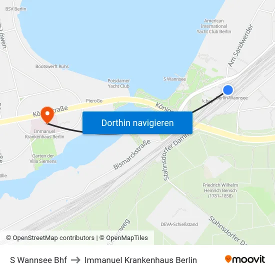 S Wannsee Bhf to Immanuel Krankenhaus Berlin map