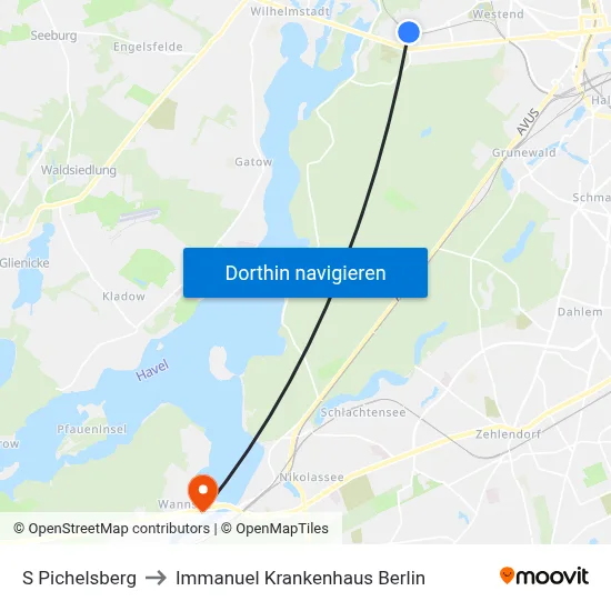 S Pichelsberg to Immanuel Krankenhaus Berlin map