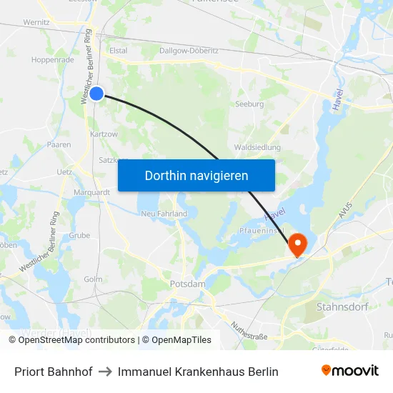 Priort Bahnhof to Immanuel Krankenhaus Berlin map