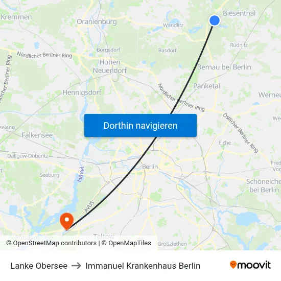 Lanke Obersee to Immanuel Krankenhaus Berlin map