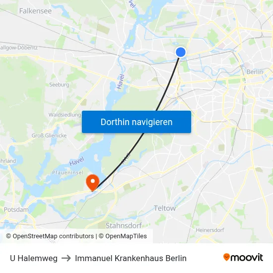 U Halemweg to Immanuel Krankenhaus Berlin map