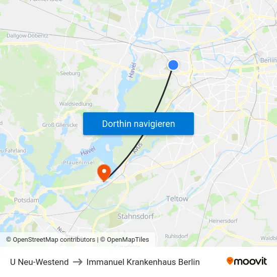 U Neu-Westend to Immanuel Krankenhaus Berlin map
