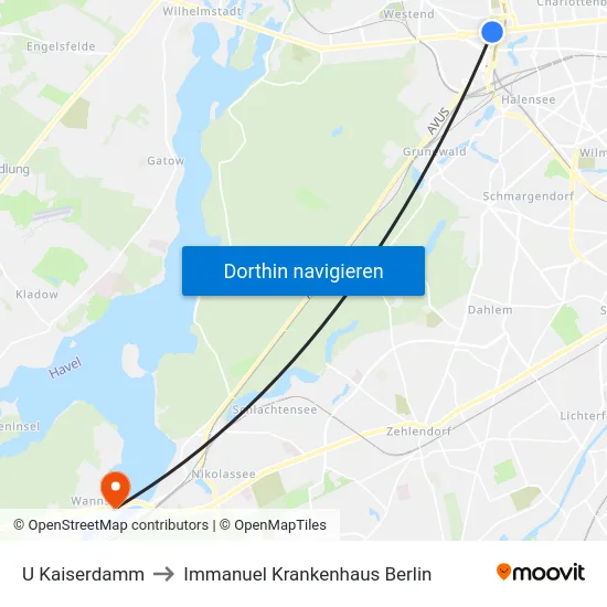 U Kaiserdamm to Immanuel Krankenhaus Berlin map
