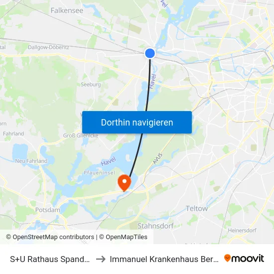 S+U Rathaus Spandau to Immanuel Krankenhaus Berlin map