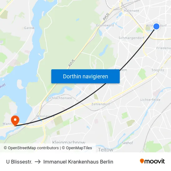 U Blissestr. to Immanuel Krankenhaus Berlin map