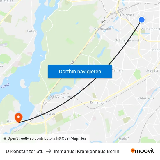 U Konstanzer Str. to Immanuel Krankenhaus Berlin map