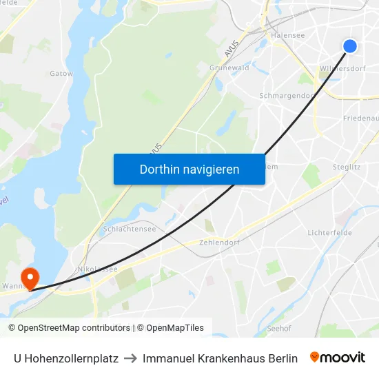 U Hohenzollernplatz to Immanuel Krankenhaus Berlin map