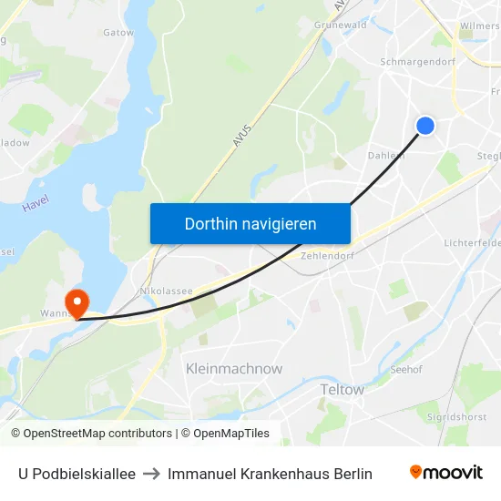 U Podbielskiallee to Immanuel Krankenhaus Berlin map