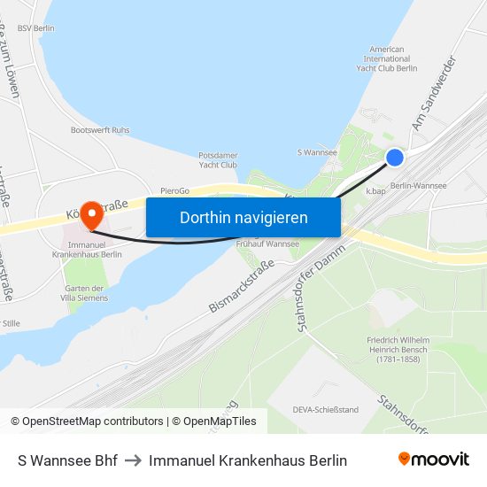 S Wannsee Bhf to Immanuel Krankenhaus Berlin map