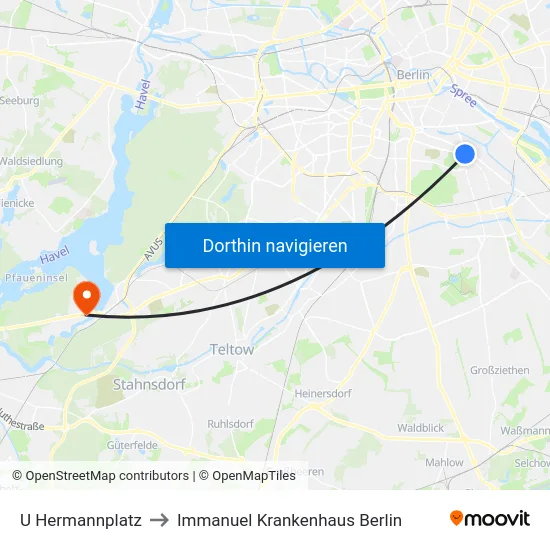 U Hermannplatz to Immanuel Krankenhaus Berlin map