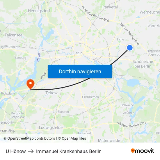 U Hönow to Immanuel Krankenhaus Berlin map
