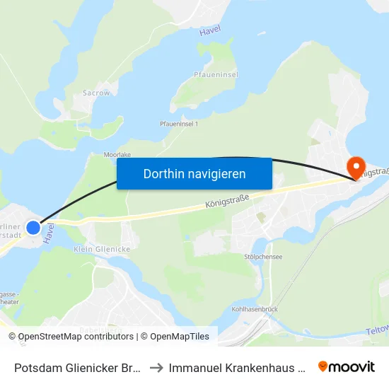 Potsdam Glienicker Brücke to Immanuel Krankenhaus Berlin map