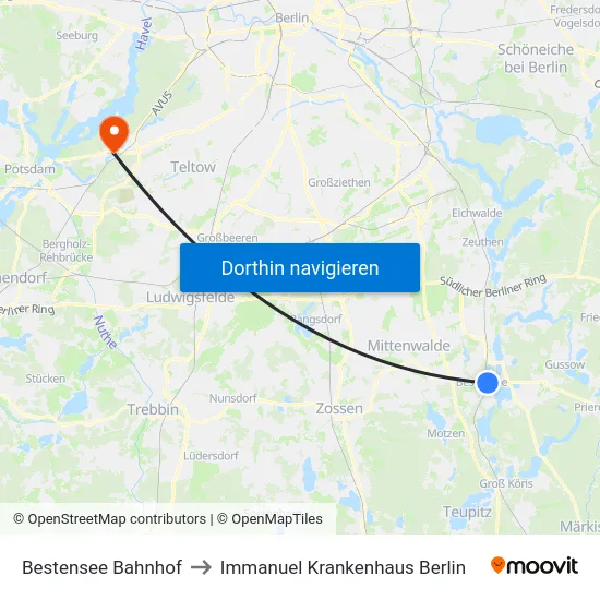 Bestensee Bahnhof to Immanuel Krankenhaus Berlin map