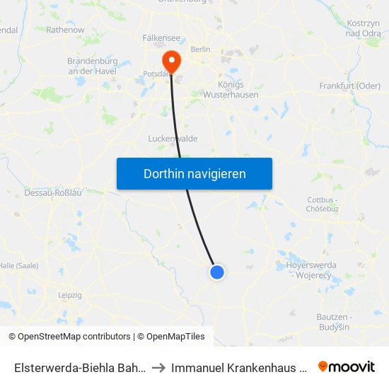 Elsterwerda Bahnhof to Immanuel Krankenhaus Berlin map