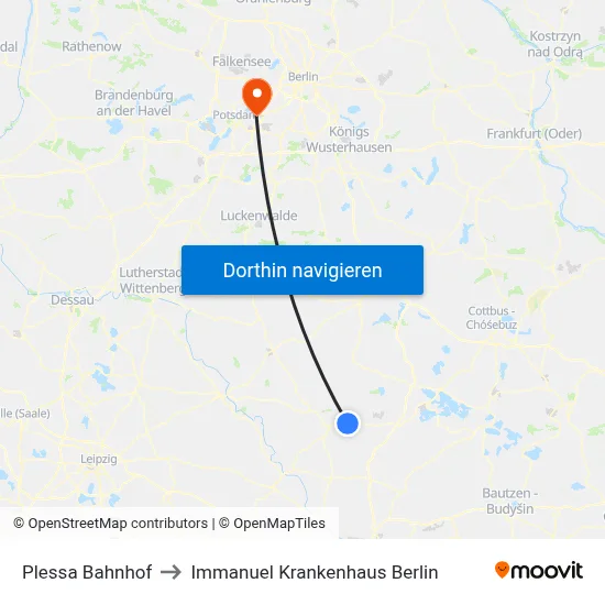 Plessa Bahnhof to Immanuel Krankenhaus Berlin map