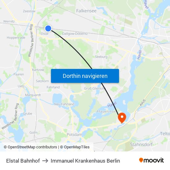 Elstal Bahnhof to Immanuel Krankenhaus Berlin map