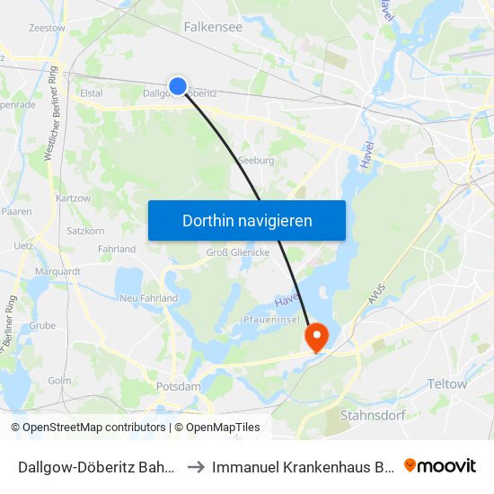 Dallgow-Döberitz Bahnhof to Immanuel Krankenhaus Berlin map