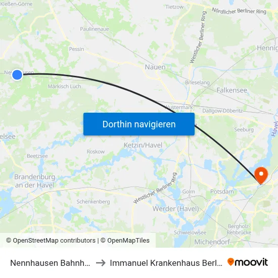 Nennhausen Bahnhof to Immanuel Krankenhaus Berlin map