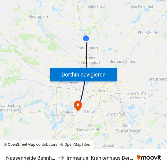 Nassenheide Bahnhof to Immanuel Krankenhaus Berlin map