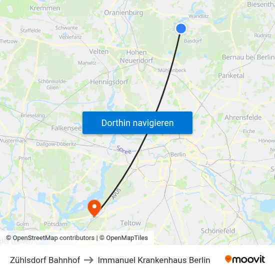 Zühlsdorf Bahnhof to Immanuel Krankenhaus Berlin map