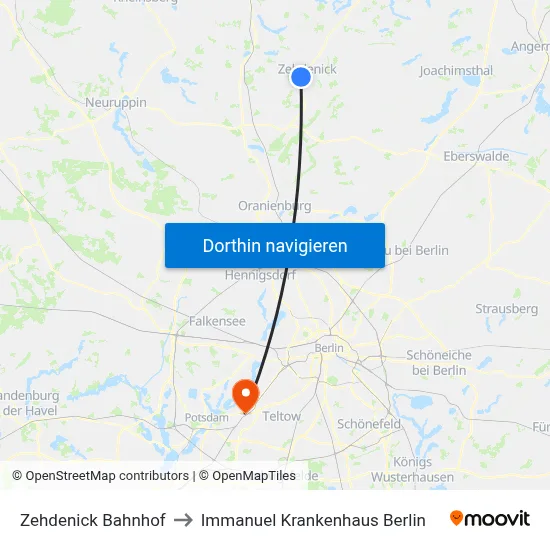 Zehdenick Bahnhof to Immanuel Krankenhaus Berlin map