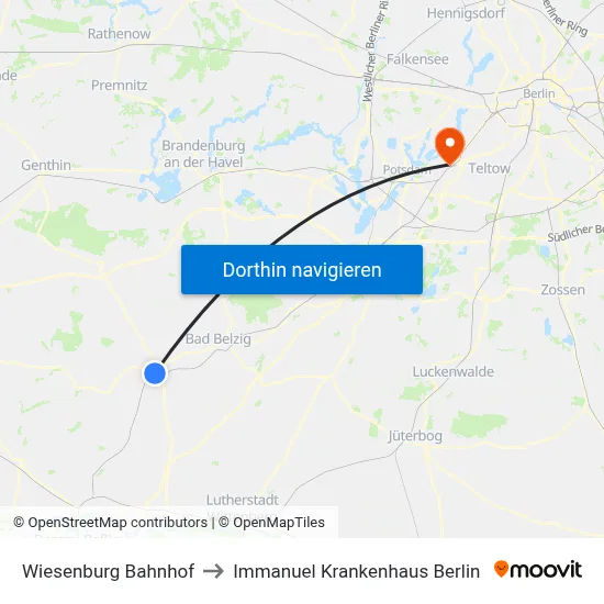 Wiesenburg Bahnhof to Immanuel Krankenhaus Berlin map