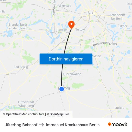 Jüterbog Bahnhof to Immanuel Krankenhaus Berlin map