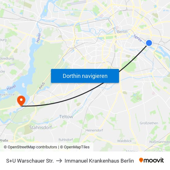 S+U Warschauer Str. to Immanuel Krankenhaus Berlin map