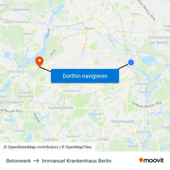 Betonwerk to Immanuel Krankenhaus Berlin map